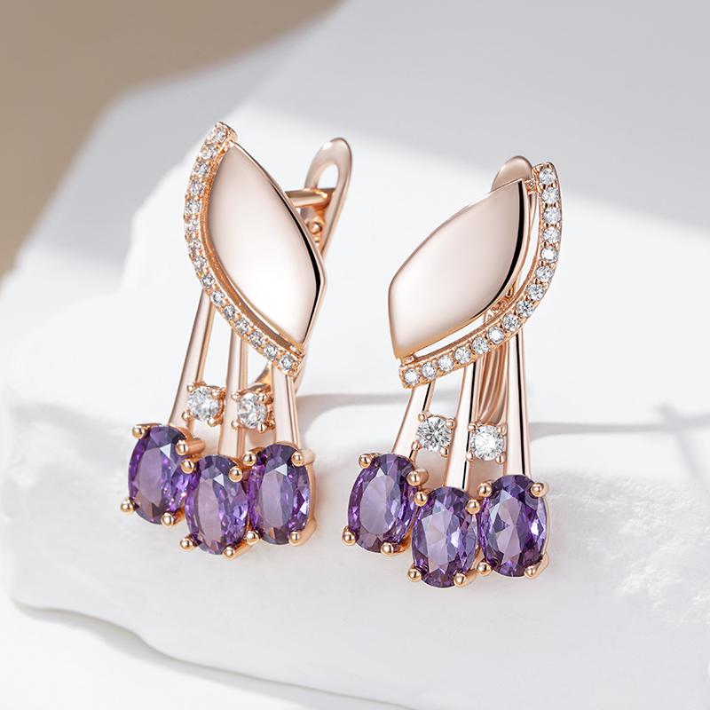 Shiny Purple Natural Zircon English Earrings For Women Fashion  Rose Gold Color Crystal Flower Daily Fine Jewelry