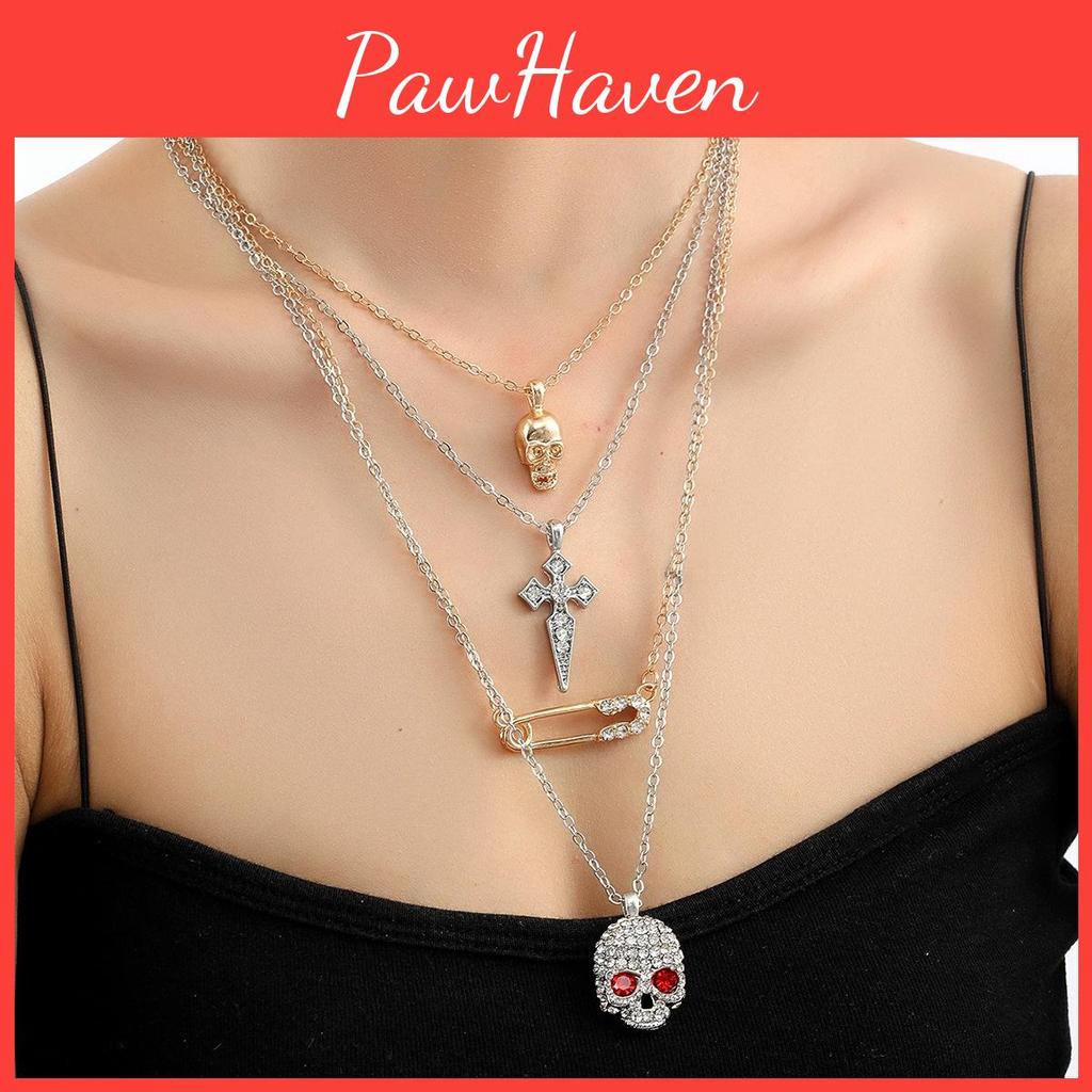 Gothic Skull Water Diamond Pendant Necklace With Water Wave Chain For Womens Fashion Accessory