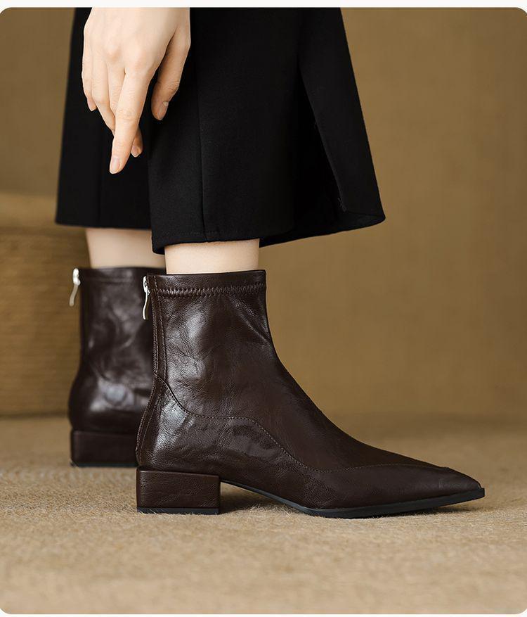 Women's Genuine Leather Sheepskin Ankle Boots - Pointed Toe, Chunky Heel, Back Zipper, 2025 New Stretch Sock Slim Boots