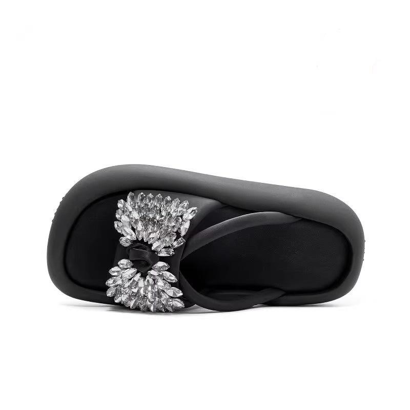 Rhinestone bow slippers wear new summer fashion versatile thick bottom heightening casual slippers women