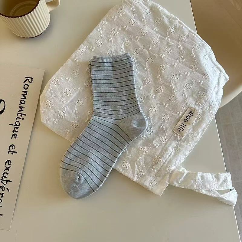 Women's New Spring and Summer Pure Cotton Sweat Absorbing Breathable Boneless Striped Tube Stack Socks