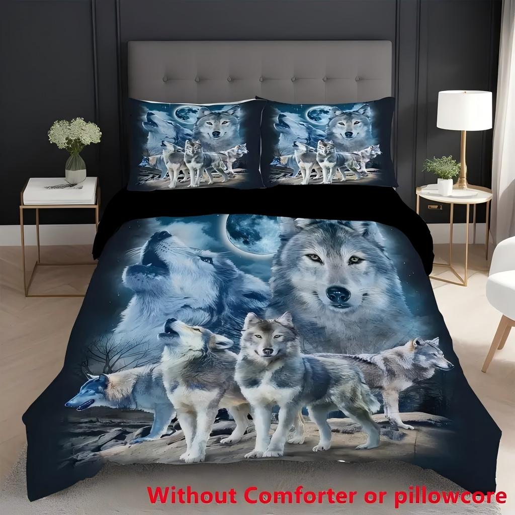 Moonlight Night Wolf 3D Print Quilt Cover Cartoon Wolf Duvet Comforter Polyester Soft Comfortable Night Sky Bedding Sheets Sets