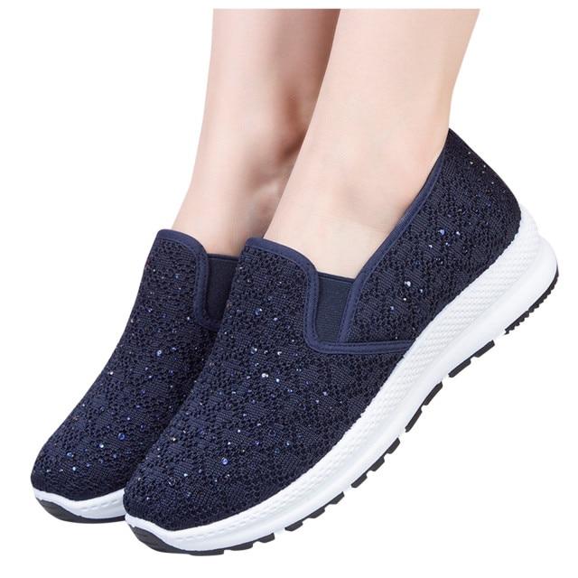 Damenmode, atmungsaktive Wanderschuhe, Mesh-Kristall-Sportschuhe, flacher Boden, lässige Turnschuhe, weicher Boden, modische Mutterschuhe