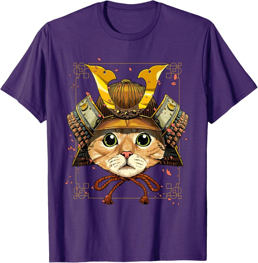 Samurai Cat Warrior Japanese Ronin Graphic Tee Breathable Casual Cotton T-Shirt for Men