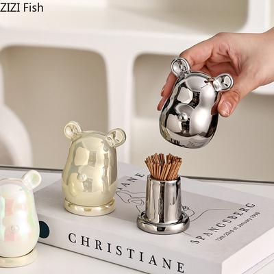 Elektropläterad Björntandspicksburk Lätt Lyx Keramisk Bomullspinneburk Dammtät Bordsdekoration Hem Kreativ Förvaring Prydnader