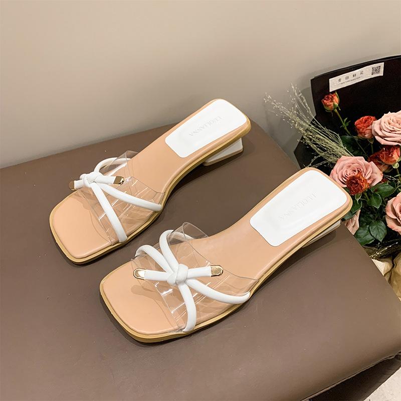 

Transparent sexy outer slippers 2025 summer new bow fairy style thick heel square head open toe sandals 35 бежевый
