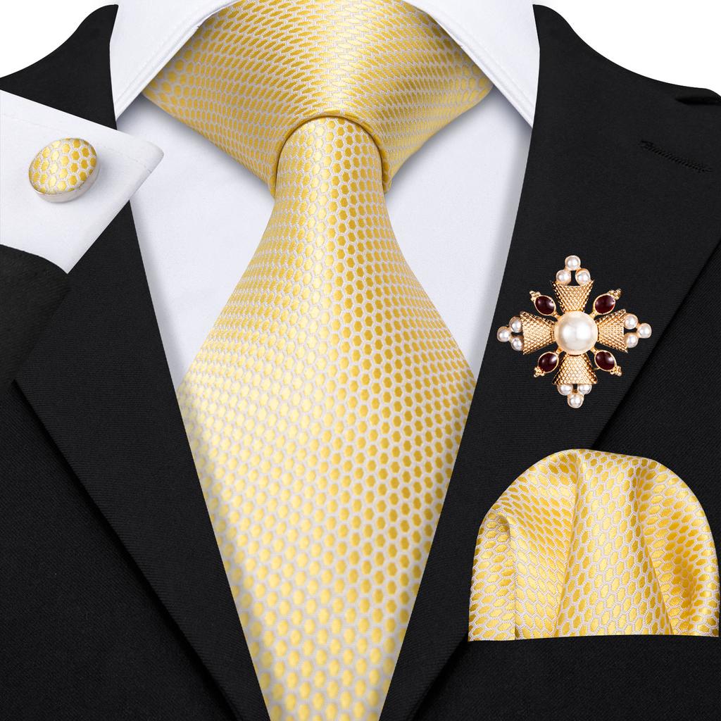 Pearl Brooch with Silk Tie for Men Vintage Floral Teal Necktie Hanky Cufflinks Gift Formal Set