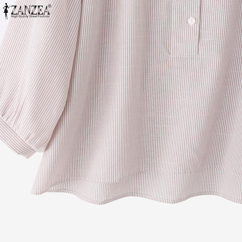 ZANZEA Blouse Décontractée à Col Montant pour Femmes, Manches Longues Amples à Rayures