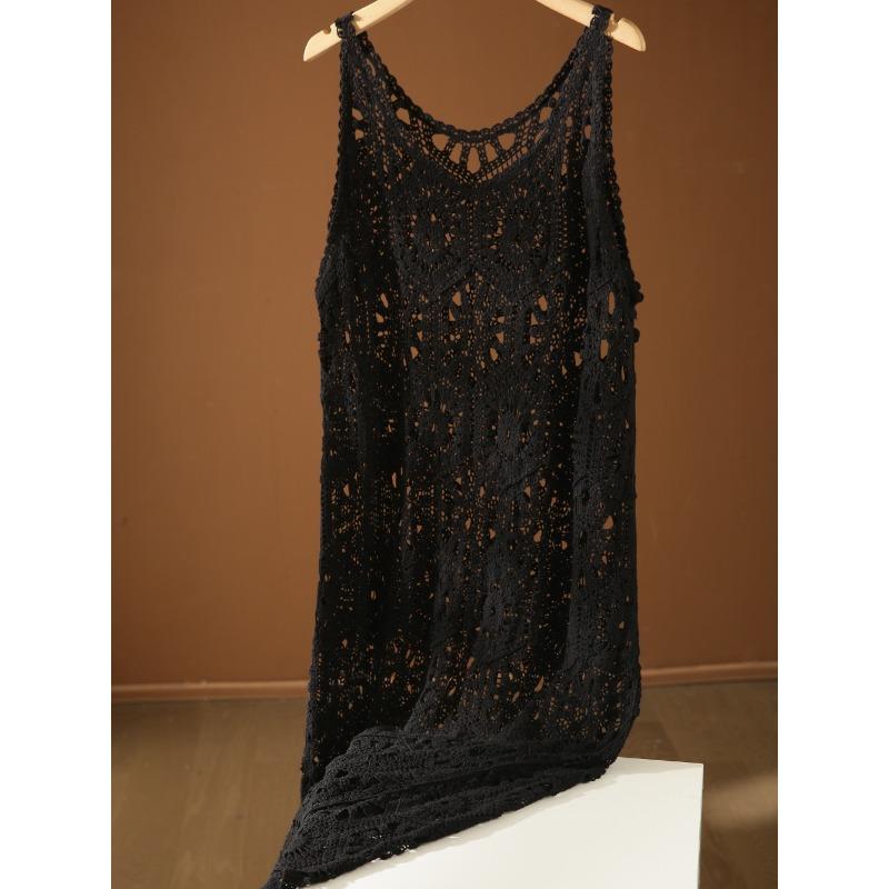 DIMANAF 2024 New Dress Women Knitting Lace Long Hollow Out Sexy Vest O-Neck Hollow Summer Style Tops Tees Loose Basic Black