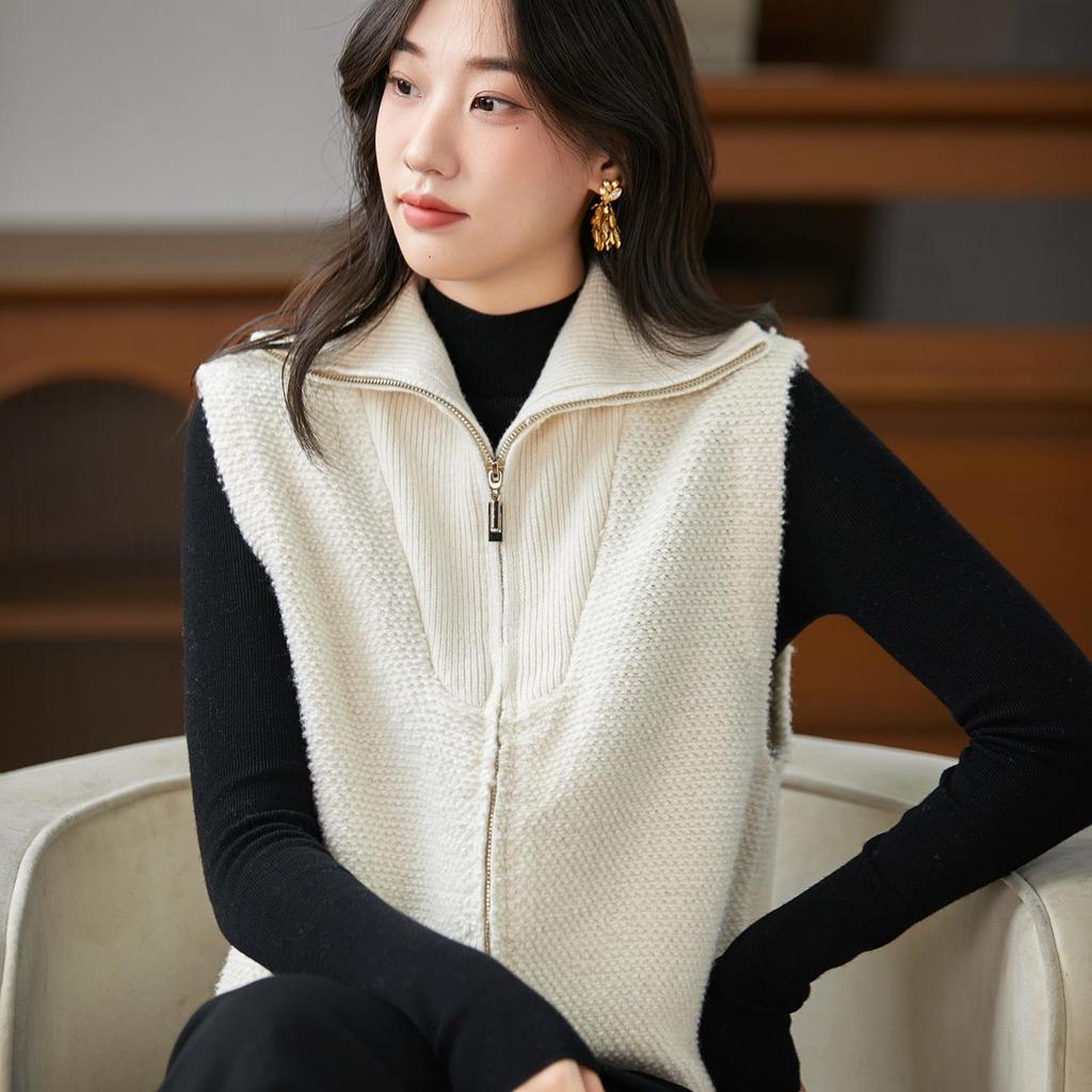 Women's Wool Knit Vest Cardigan - High Neck, Loose Fit, Versatile Layering Outerwear for Autumn/Winter