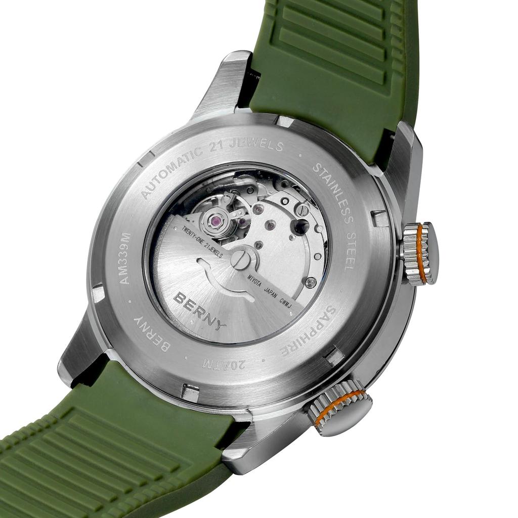 BERNY Men's Mechanical Dive Watch, 20ATM Waterproof, Sapphire Glass, Comfortable Silicone Band, Super Luminous, Automatic & Manual Wind