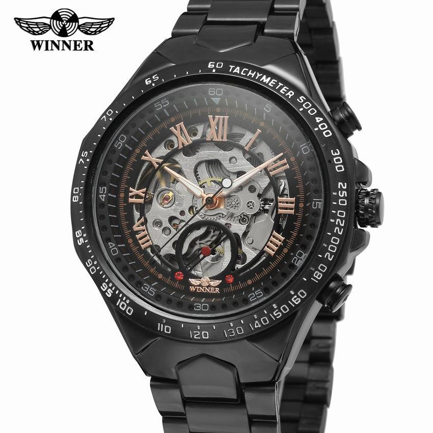 New Classic Luxury Brand Gold Skeleton Watch for Men Mechanical Watches Casual Stainless Steel Strap Vintage Wristwatches New