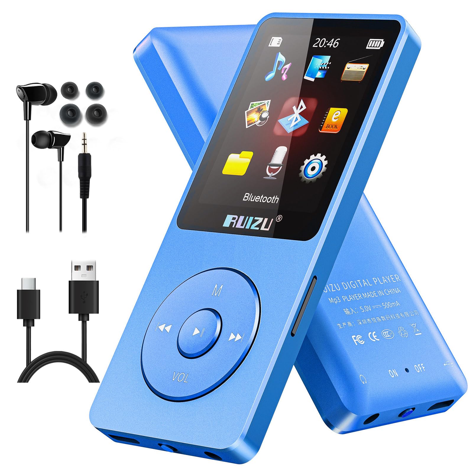 

RUIZU 64GB MP3 Player with Bluetooth Large Portable Music FM Recording Movie Photo Up to 80 Hours of 128GB MicroSD Card Lightweight and Ideal for and синій