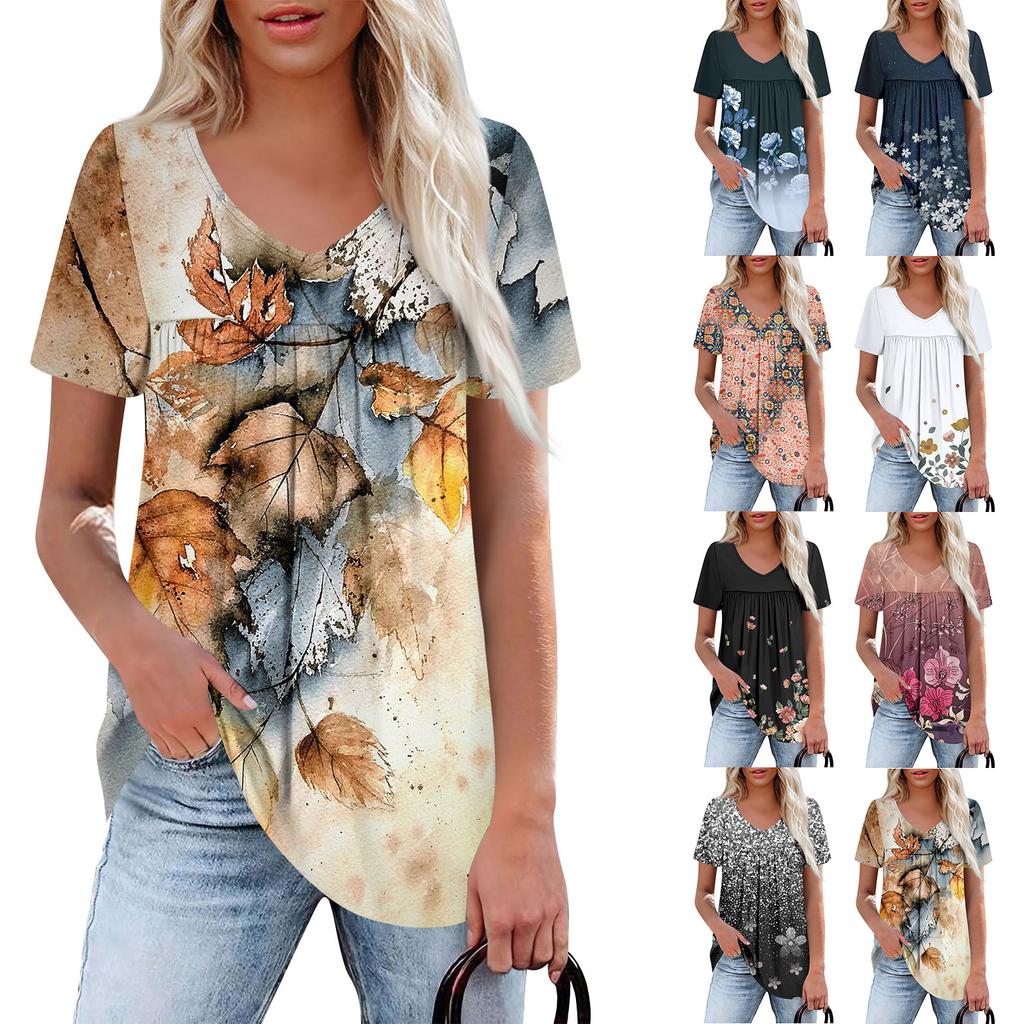 Women's Casual V-Neck Short Sleeve Chest Ruffle Printed Top
