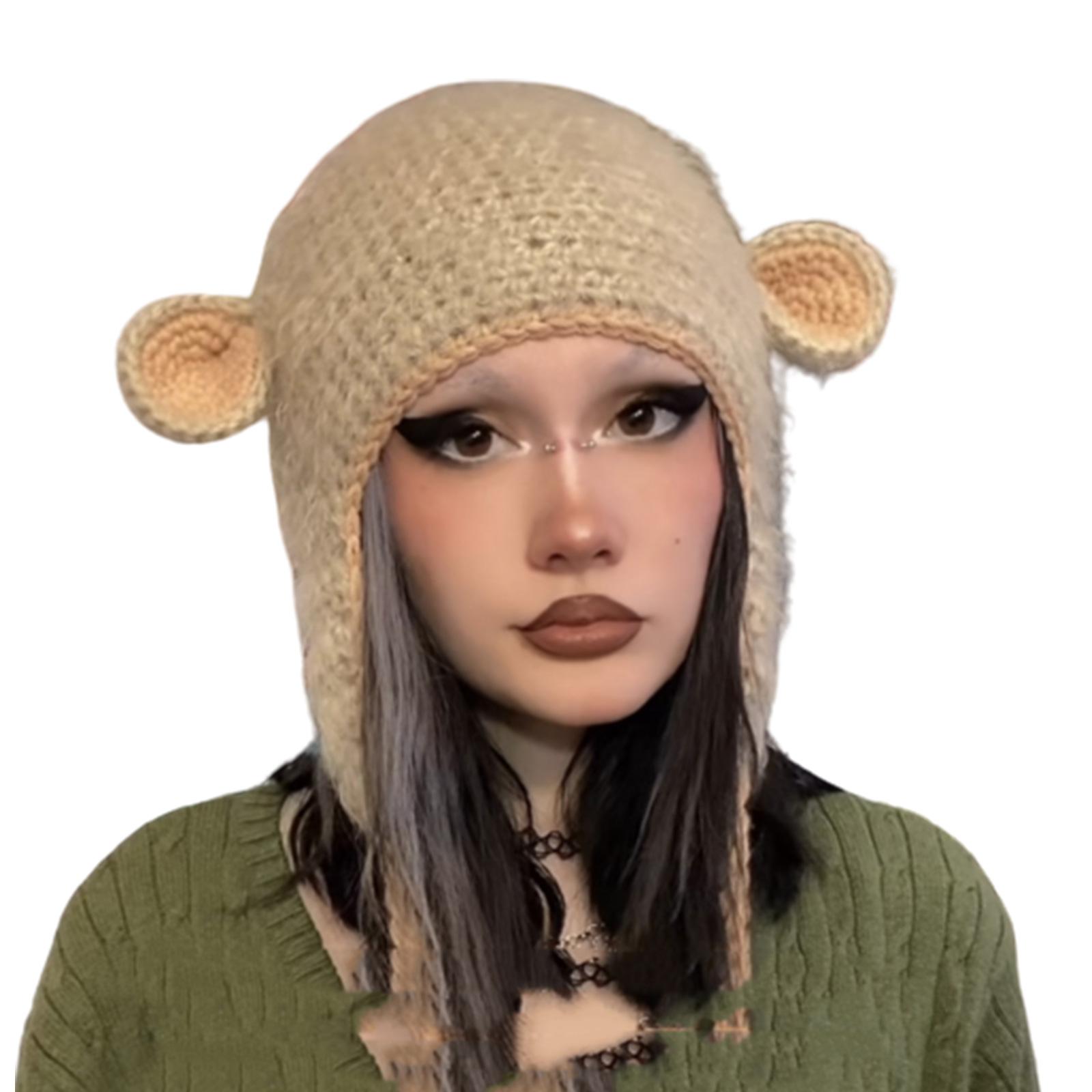 

Мультяшная вязаная крючком шапка Зимняя шапка-бини Шапка-череп с длинными кроличьими ушами Шапка для косплей-вечеринки для подростков и взрослых Универсальный головной убор 5