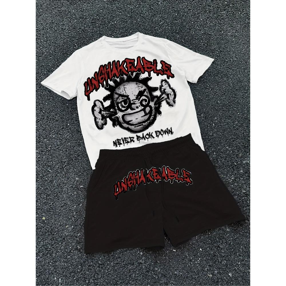 Cartoon Skull Letter Printed Men's T-shirt and Shorts 2 Piece Set Summer Casual Outfit for Men's and Women's Clothing