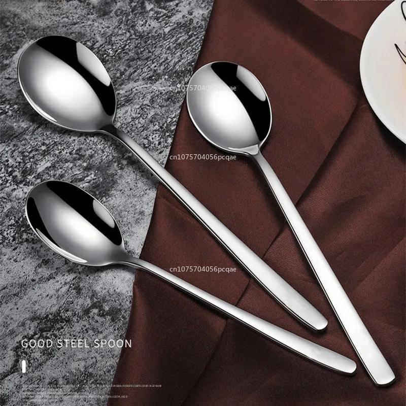 1Pc 304  Stainless Steel Spoon Thicken Long Handle Soup Spoons Round Scoops Ice Cream Dessert  Drinking Kitchen  Accessories