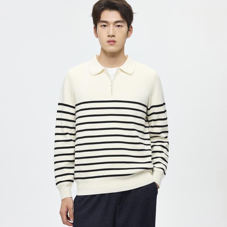 WOOG2005 Men s Self-heating Jacquard Stripe Half-Zip Polo Neck Sweater - 2025 Winter Casual Knitwear Large слоновая кость/белый