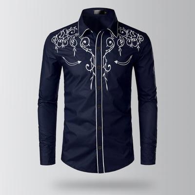 Men Western Cowboy Shirt Lapel Collar Single-breasted Long Sleeve Embroidery Slim Fit Casual Shirt Top