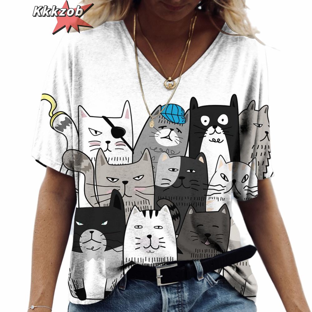 Anime Katzen-Print Damen T-Shirt 2024 Mode Harajuku Kleidung V-Ausschnitt Übergroß Kurzarm T-Shirts Damen Casual Streetwear Bluse