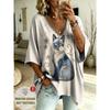 Starry sky black and white spotted print T-shirt, plus size V-neck women's street style, 3/4 bat sleeve casual top