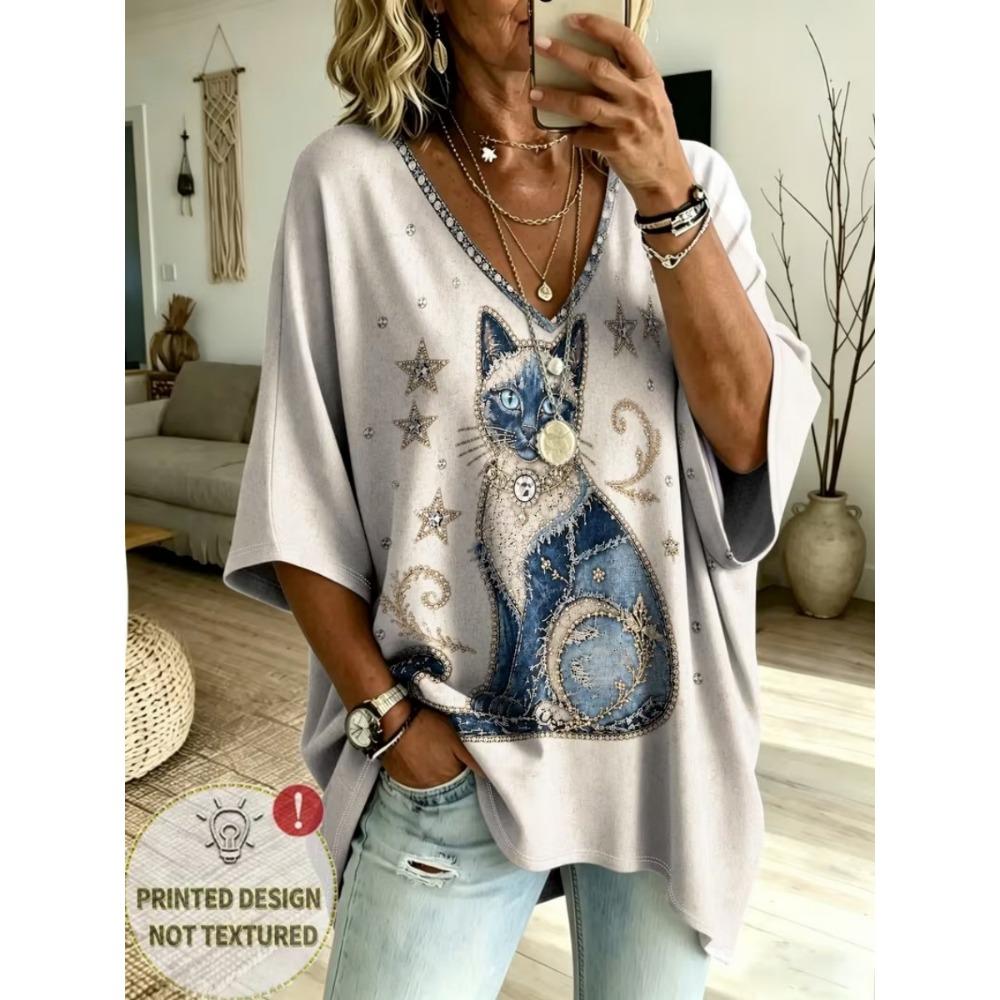 Starry sky black and white spotted print T-shirt, plus size V-neck women's street style, 3/4 bat sleeve casual top