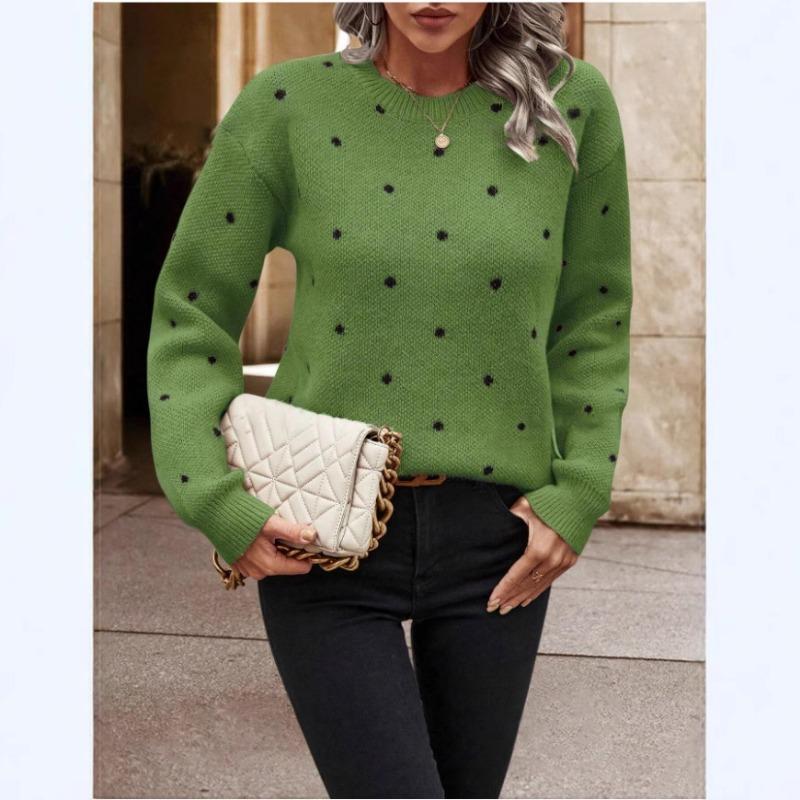 Women Loose Fit Long Sleeve Pullover Knit Sweater Polka Dot Jacquard