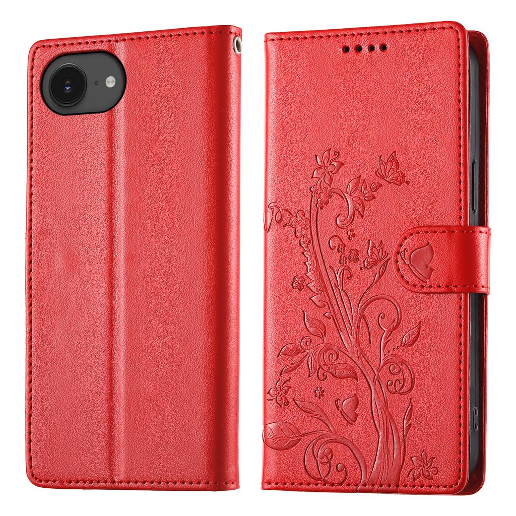 For iPhone 16e Wallet Case Butterfly Floral Imprint PU Leather Phone Cover with Wrist Strap