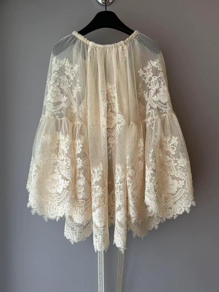 Top Élégant Blanc Cassé & Abricot Dentelle Assemblée - Style Français, Coupe Ajustée & Ample