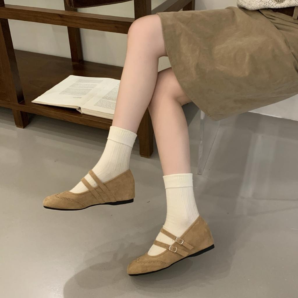 French Retro Double Buckle with Mary Jane Shoes, Shallow Mouth Inner Height Increase Single Shoes, Autumn New Fairy Ballet Beanie Shoes
