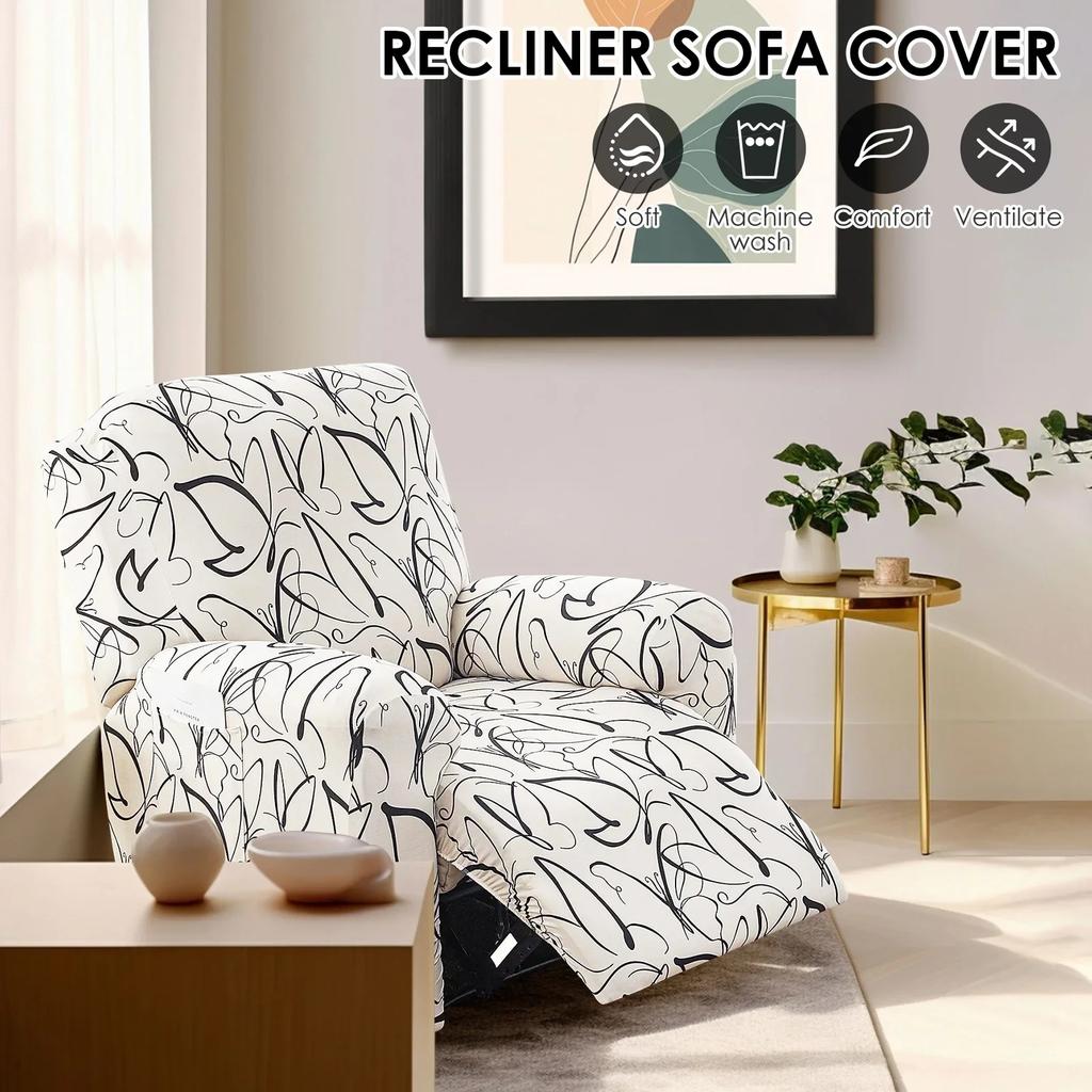 4Pcs Elastic Recliner Sofa Cover Printed Stretch Recliner Slipcovers with Side Pockets Non Slip Sofa Slipcovers for Living Room