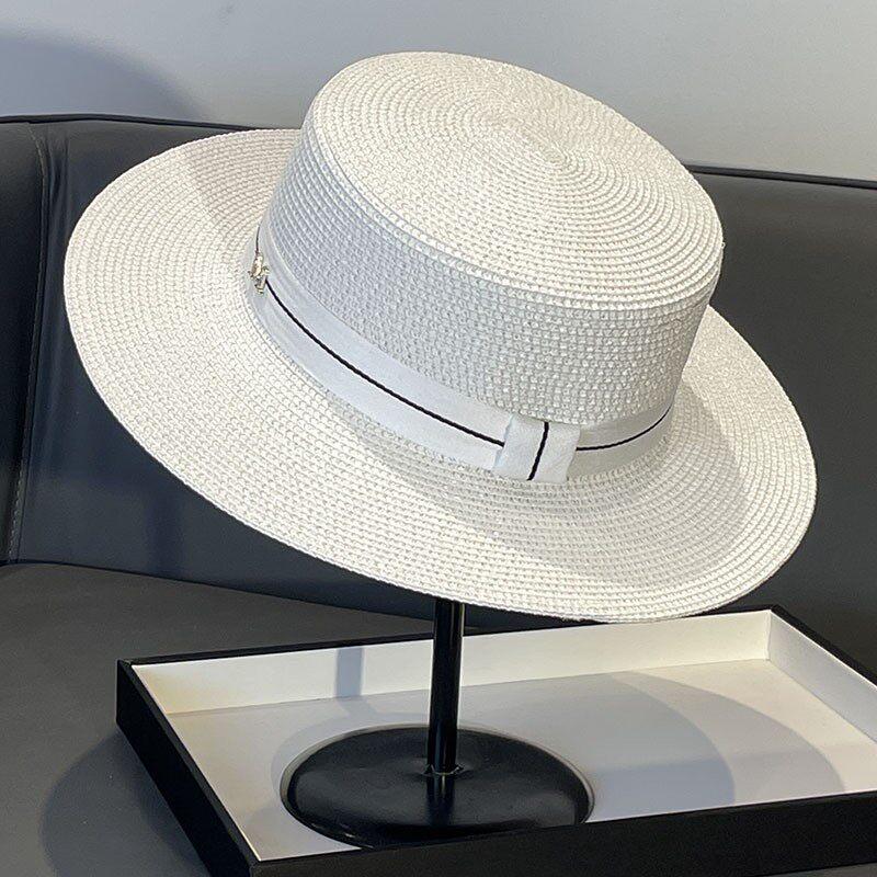 Elegante Cappello Piatto Stile Socialite Francese Intrecciato con Perle Cappello Parasole Estivo da Spiaggia per Donne