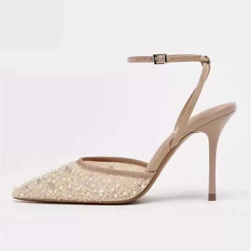 Sandalias de Mula con Tacón Decoración de Cuentas de Hilo Bling de Malla para Mujer Punta Fina Sexy Correa al Tobillo Tacones Altos Zapato Elegante para Fiesta
