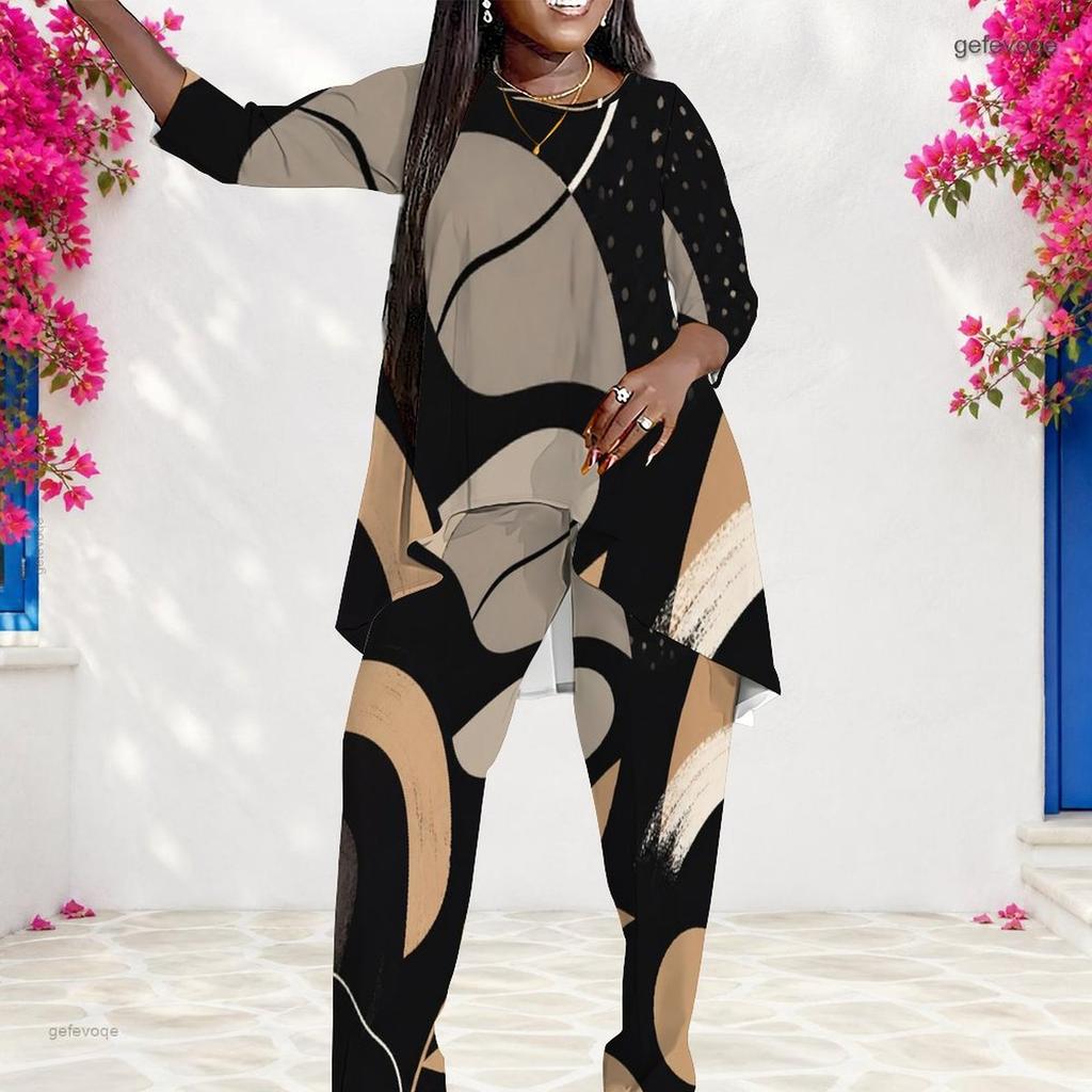 Women Plus Size Round Neck Printed Long Sleeve Layered Top Long Pants Two Piece Set