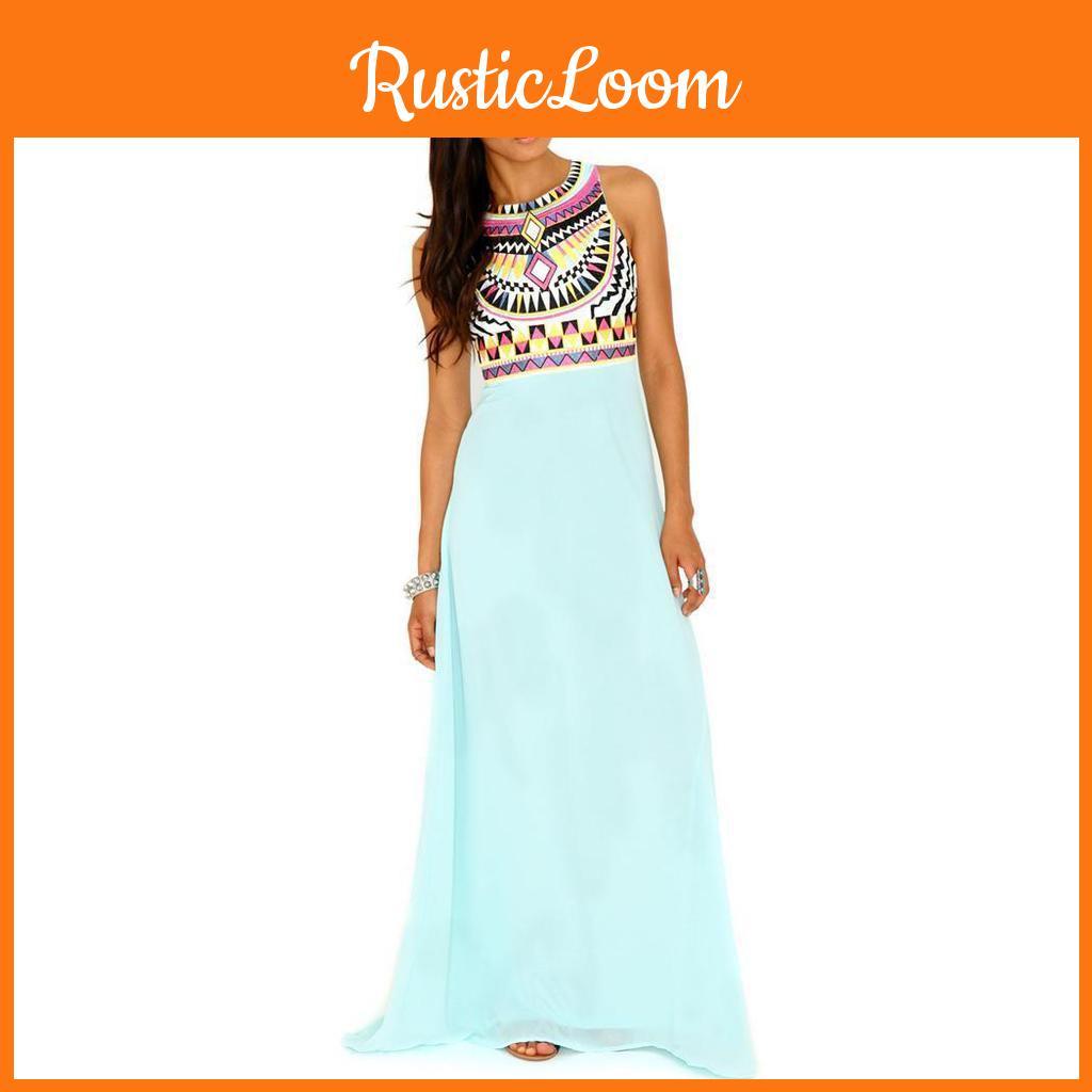 Elegant Women Round Neck Sleeveless Geometric Print Chiffon Dress Long Floor Length Stylish Casual Attire