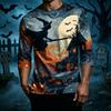 Men's Casual Halloween Print Crew Neck Three Quarter Sleeve T Shirt with Witch Bat and House Graphic for Holiday Theme