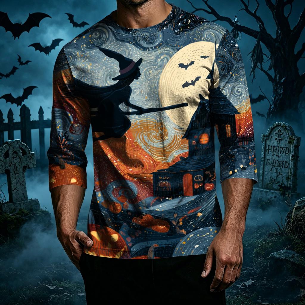 Men's Casual Halloween Print Crew Neck Three Quarter Sleeve T Shirt with Witch Bat and House Graphic for Holiday Theme