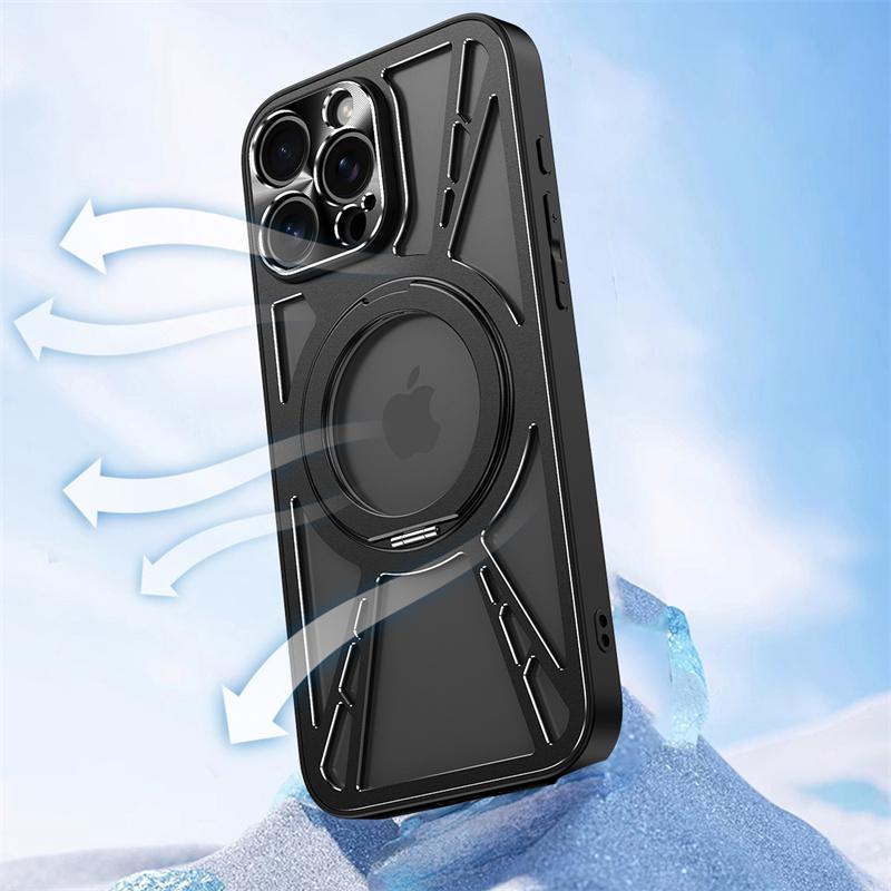 Metal Magsafe Cooling Case for iPhone 16 Pro 15 14 13 12 11 Pro Max 360 ° Rotating Bracket Wireless Charging Protective Cover