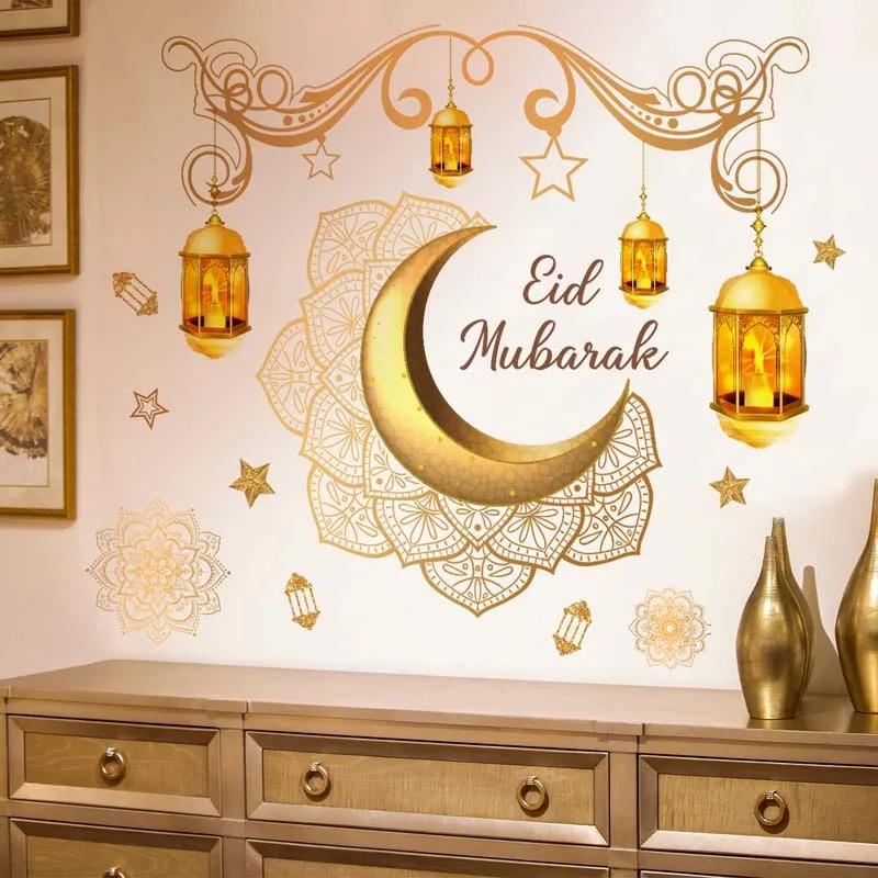 Ramadan Kareem Moon Star Wall Stickers, Lantern Eid Mubarak Islamic Wall Decals for Home Muslim Islamic Party Festival Decor