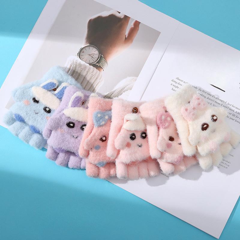 Cartoon Niedliche Kinder Halbfinger Klappbare Warme Handschuhe für Herbst und Winter Kälteschutz und Verdickt Baby Mädchen Schreiben und Fahrradfahren Fünffinger