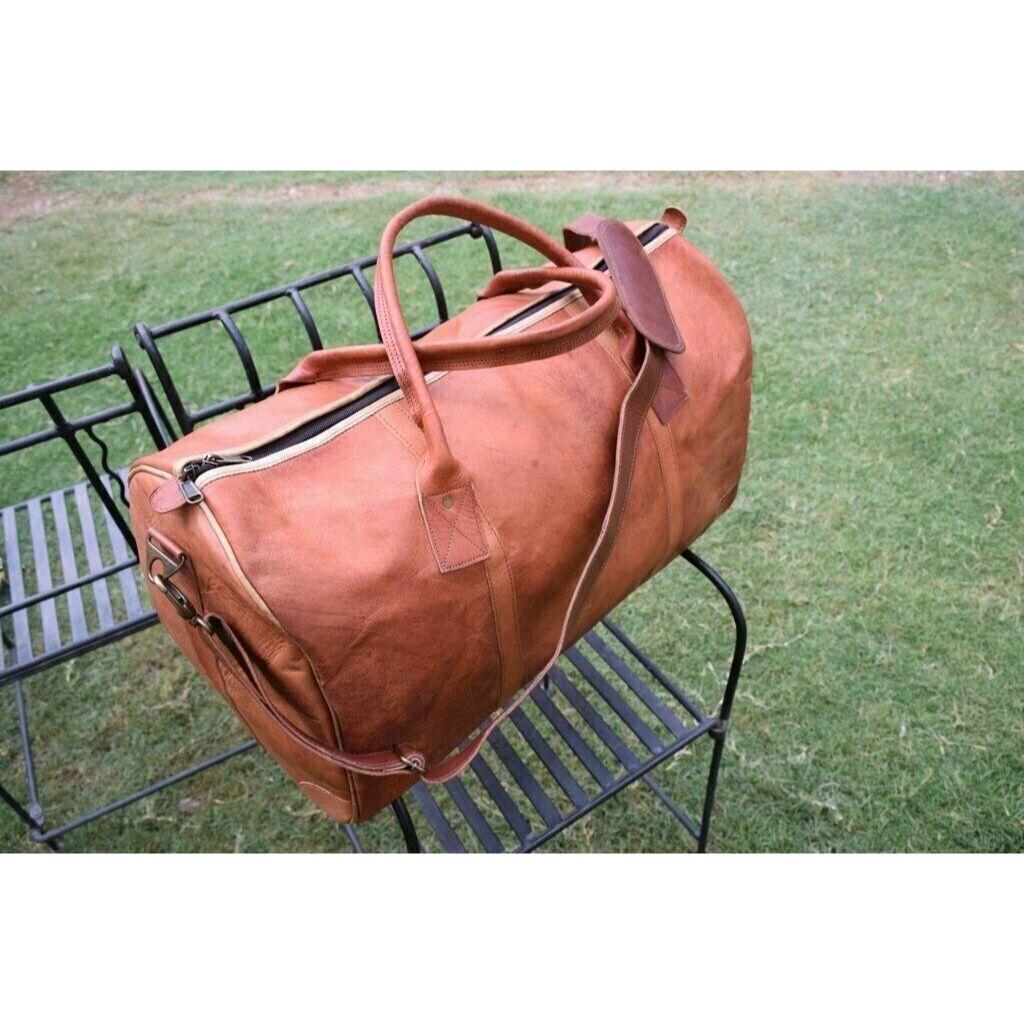 Old Real Brown Leather Duffle Bag Sports Gym Bag Weekend Travel AirCabin Luggage