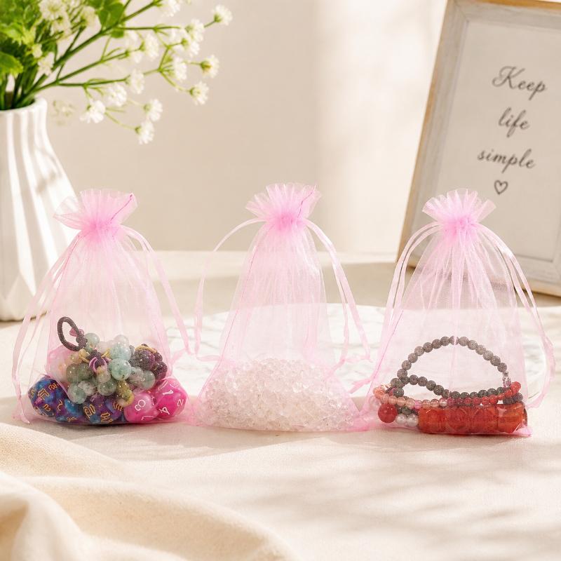 Pink Organza Jewelry Pouches 10/50PCS S/M/L Drawstring Sheer Bags for Wedding Favors Gift Candy Packaging