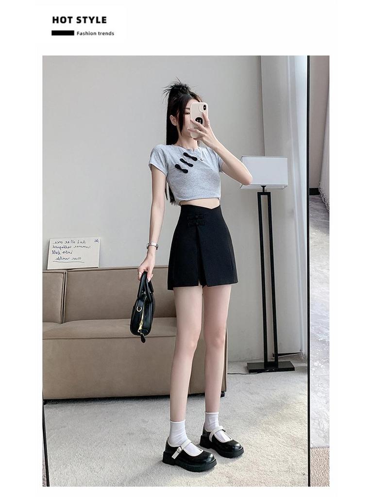 Midi sukně s vysokým pasem v čínském stylu s nepravidelným žabím zapínáním a rozparkem - Dámské letní zeštíhlující A-liniové sukně-kalhoty