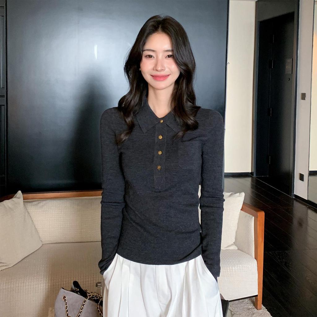 2025 Autumn Women's Fine Knit Wool Polo Collar Sweater, Half-Buttoned, Slimming Fit