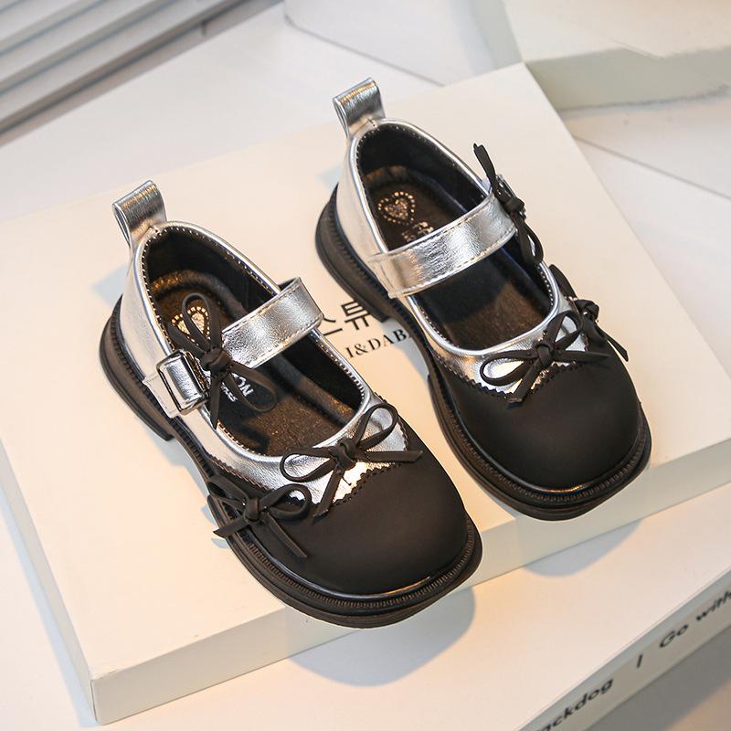 Kids Black Silver Bow Decor Non Slip Mary Jane Shoes 26