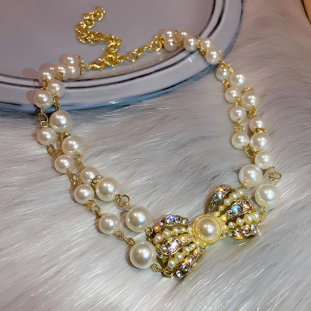 Pearl Necklace Female Baroque Korean Temperament Short Collarbone Chain Bow Neck Chain Internet Celebrity French Retro Bride