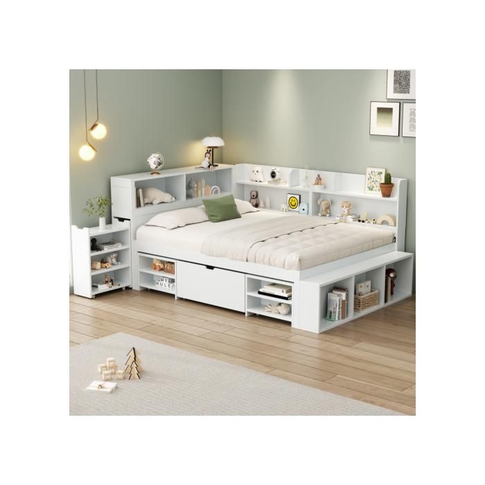 Kinderbett - MUVOE - 140x200 cm - Weiß - Lattenrost - Integrierter Stauraum