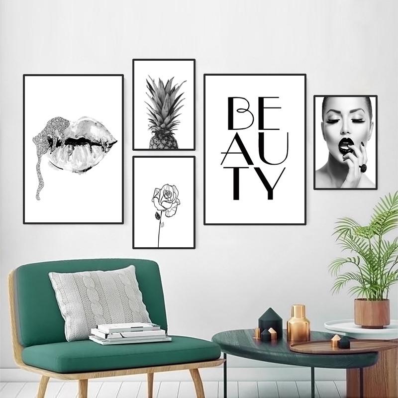 Black And White Fashion Girl Wall Art Pictures Lip Eyebrow Makeup Canvas Painting Beauty Quote Living Room Decor Painting HD3136