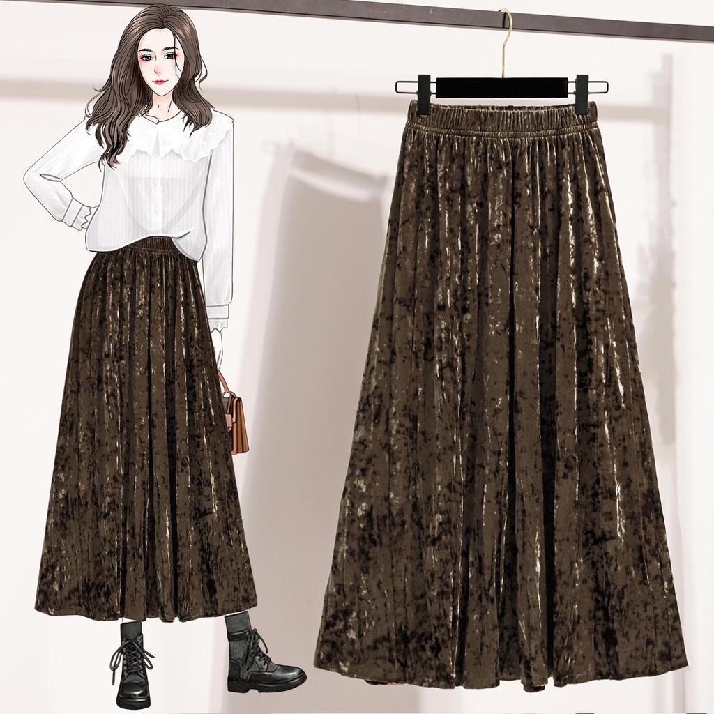 Pleated Velvet A-Line Skirt: Women's Versatile Mid-Length High-Waisted Slimming Style for Autumn and Winter