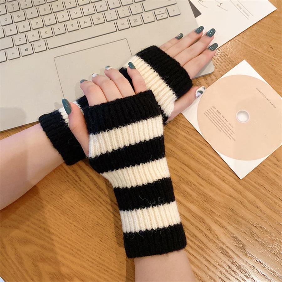 Short Color Blocked Thick-striped Gloves Wool Sleeves for Women Autumn and Winter Knitted Warm and Cold Proof Fingerless Wrist Sleeves Fake Sleeves